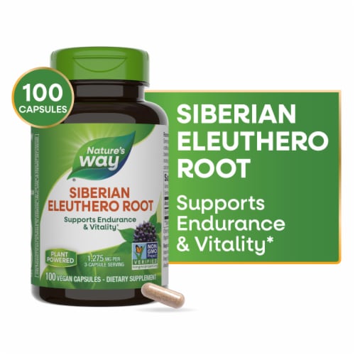 Nature's Way Siberian Eleuthero Root Vegan Capsules 1275 mg Per 3 Capsule Serving Perspective: front