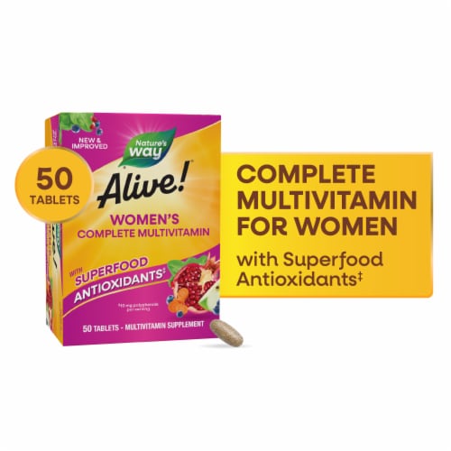Nature’s Way Alive! Women’s Complete Multivitamin B Vitamins Magnesium Vitamins C D3 E Tablets Perspective: front