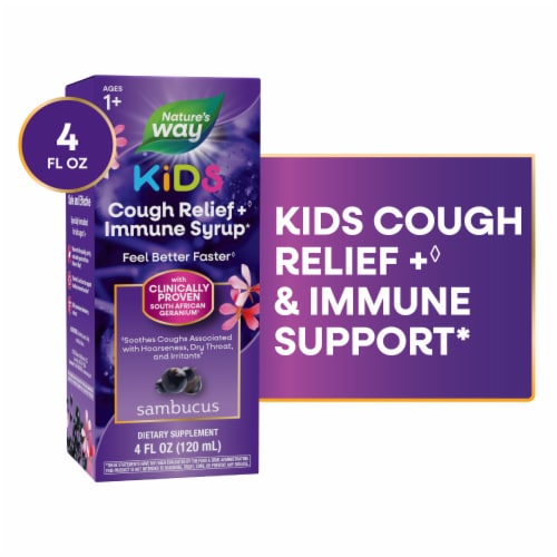 Nature’s Way Sambucus Kids Cough Relief + Immune with Elderberry Extract Vitamin C and Zinc Syrup Perspective: front