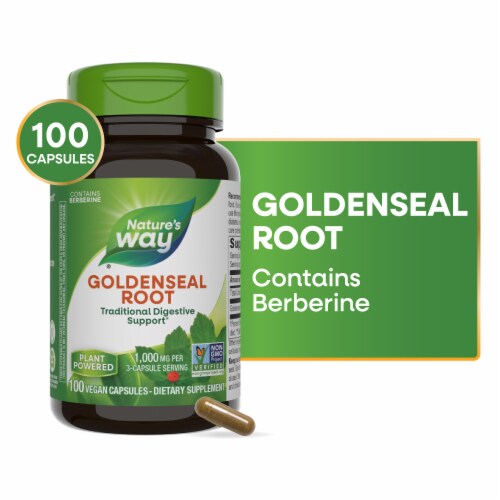 Nature's Way Goldenseal Root Contains Berberine Vegan Capsules 1000 mg Per 3 Capsule Serving Perspective: front