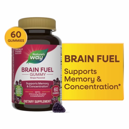 Nature’s Way Brain Fuel With Clinically Studied Cognigrape Vitamins B6 B12 Grape Flavored Gummies Perspective: front