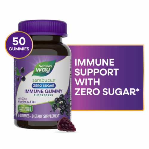 Nature’s Way Sambucus Zero Sugar Immune Black Elderberry Extract Vitamin C D3 Zinc Gummies Perspective: front