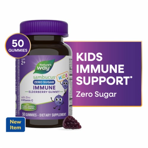 Nature’s Way Sambucus Kids Zero Sugar Immune Black Elderberry Extract Vitamin C Zinc Ages 2+ Gummies Perspective: front