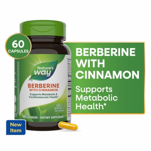 Nature's Way Berberine with Cinnamon Vegan Capsules 500 mg Berberine HCI per Serving Perspective: front