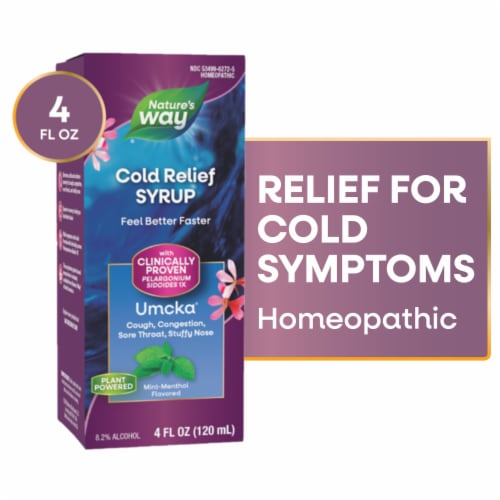 Nature's Way Cold Relief Umcka Homeopathic Multi-Symptom Cold Relief Mint Menthol Flavored Syrup Perspective: front