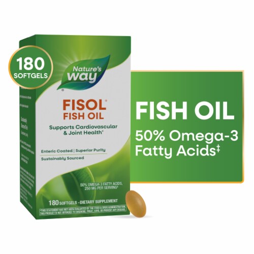 Nature's Way Fisol Fish Oil Mega Potency Omega-3s 50% EPA and DHA Enteric Coated Softgels Perspective: front