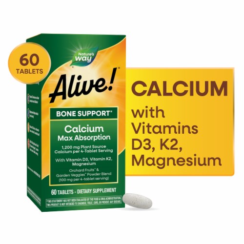 Nature's Way Alive! Calcium Max Absorption Bone Support With Vitamins D3 K2 and Magnesium Tablets Perspective: front