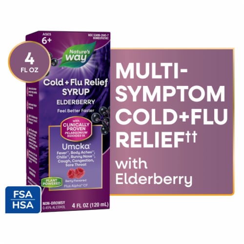 Nature's Way Cold + Flu Relief Elderberry Umcka Alpha CF Berry Flavored Syrup Perspective: front