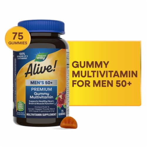 Nature's Way Alive! Men's 50+ Premium Multivitamin Orange Grape and Cherry Flavored Gummy Perspective: front