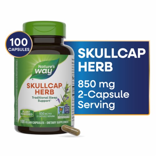 Nature's Way Scullcap Herb Traditional Sleep Support Capsules 850 mg Per 2 Capsule Serving Perspective: front