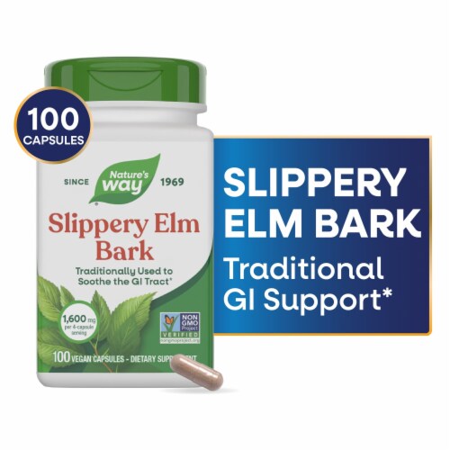 Nature's Way Slippery Elm Bark Traditionally Soothes GI Tract 1600 mg Per 4 Capsule Serving Perspective: front