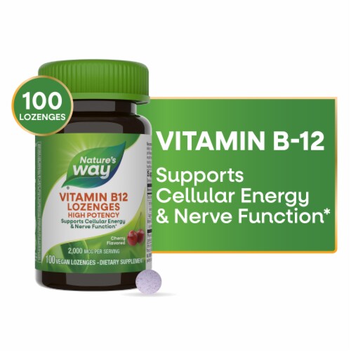 Nature’s Way Vitamin B-12 Vegan Cherry Flavored Lozenges 2,000 mcg Vitamin B12 per Lozenge Perspective: front