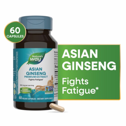 Nature's Way Asian Ginseng Premium Extract Adaptogenic Herb Capsules 550 mg per Serving Perspective: front