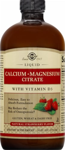 Solgar Natural Strawberry Flavor Calcium Magnesium Citrate with Vitamin D3 Liquid Perspective: front