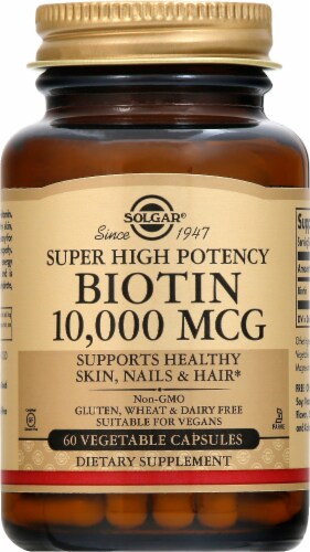 Solgar Super High Potency Biotin Vegetable Capsules 10000 MCG Perspective: front