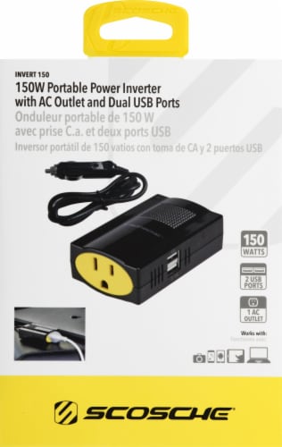 Scosche 150-Watt Portable Power Inverter with AC Outlet and Dual USB Ports - Black Perspective: front