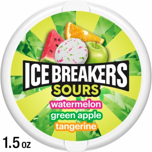 ICE BREAKERS Sours Assorted Fruit Flavored Sugar Free Mints Tin Perspective: front