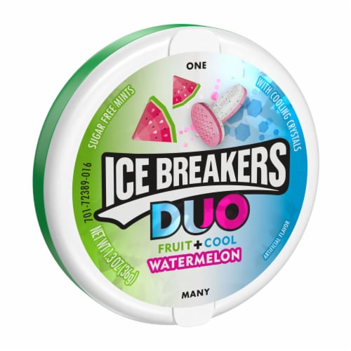 ICE BREAKERS Duo Fruit Plus Cool Watermelon Sugar Free Mints Tin Perspective: front