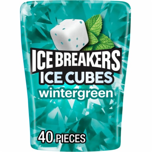 ICE BREAKERS ICE CUBES Wintergreen Flavored Sugar Free Chewing Gum Bottle Perspective: front