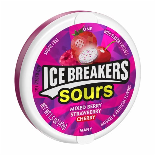 ICE BREAKERS Sours Assorted Fruit Flavored Sugar Free Mints Tin Perspective: front