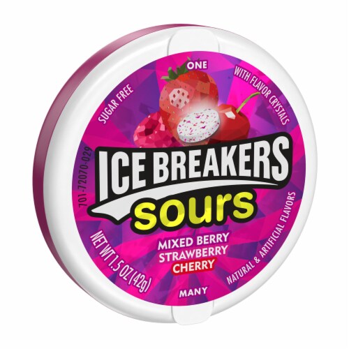 ICE BREAKERS Sours Assorted Fruit Flavored Sugar Free Mints Tin Perspective: front
