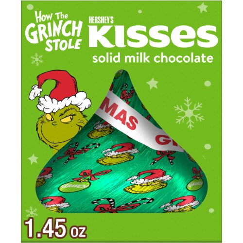 HERSHEY'S KISSES Grinch Solid Milk Chocolate Christmas Candy Gift Box Perspective: front