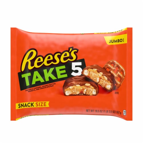 REESE'S TAKE 5 Pretzel Peanut and Chocolate Snack Size Halloween Candy Jumbo Bag Perspective: front