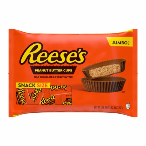 REESE'S Milk Chocolate Peanut Butter Cups Snack Size Jumbo Candy Bag Perspective: front