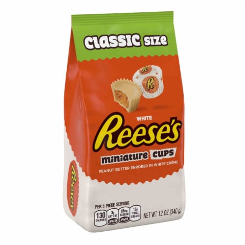 Reese's White Chocolate Peanut Butter Cups Miniatures Classic Size Stand-Up Bag Perspective: front