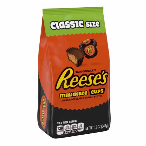 Reese's Dark Chocolate Peanut Butter Cups Miniatures Classic Size Stand-Up Bag Perspective: front