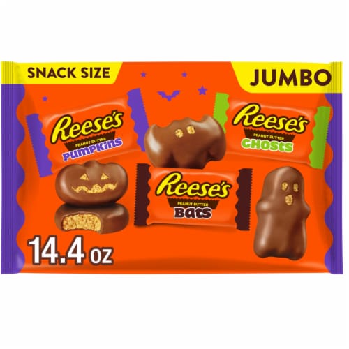 REESE'S Assorted Milk Chocolate Snack Size Peanut Butter Shapes Halloween Candy Jumbo Bag Perspective: front