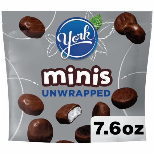 YORK Minis Unwrapped Dark Chocolate Peppermint Patties Candy Bag Perspective: front