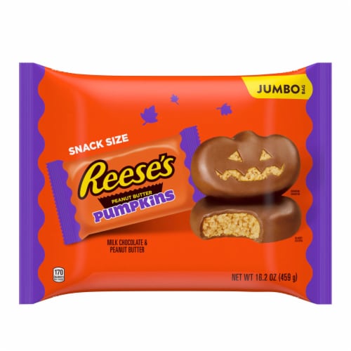 REESE'S Milk Chocolate Peanut Butter Snack Size Pumpkins Halloween Candy Jumbo Bag Perspective: front