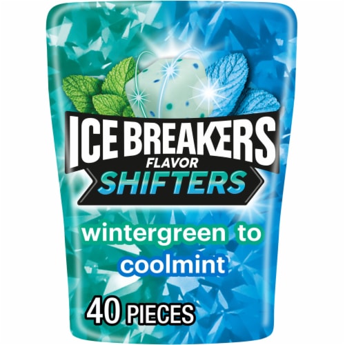 ICE BREAKERS Flavor Shifters Wintergreen to Coolmint Flavored Sugar Free Chewing Gum Bottle Perspective: front