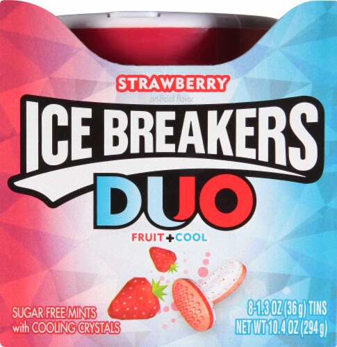 Ice Breakers Duo Strawberry + Cool Sugar Free Mints Tins Case Sale Perspective: front