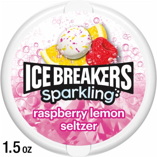 ICE BREAKERS Sparkling Raspberry Lemon Seltzer Flavored Sugar Free Mints Puck Perspective: front