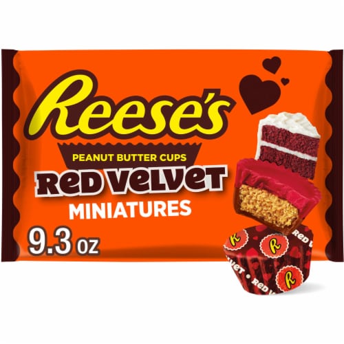 REESE'S Milk Chocolate and Red Velvet Flavored Creme Peanut Butter Cups Valentine Candy Perspective: front