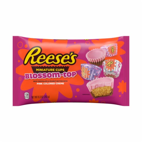 REESE'S Miniatures Blossom Top Milk Chocolate Peanut Butter Pink Colored Creme Valentine Candy Perspective: front