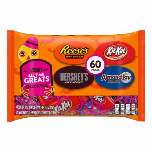 HERSHEY'S REESE'S ALMOND JOY and KIT KAT® Assorted Chocolate Halloween Candy Snack Size Bag Perspective: front