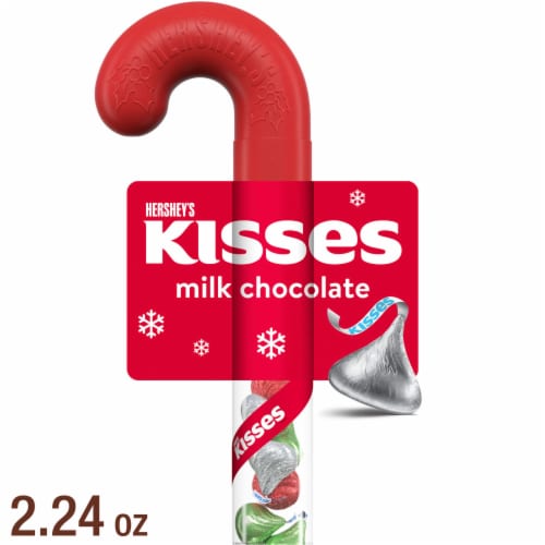 HERSHEY'S KISSES Milk Chocolate Candy Christmas Filled Plastic Cane Perspective: front
