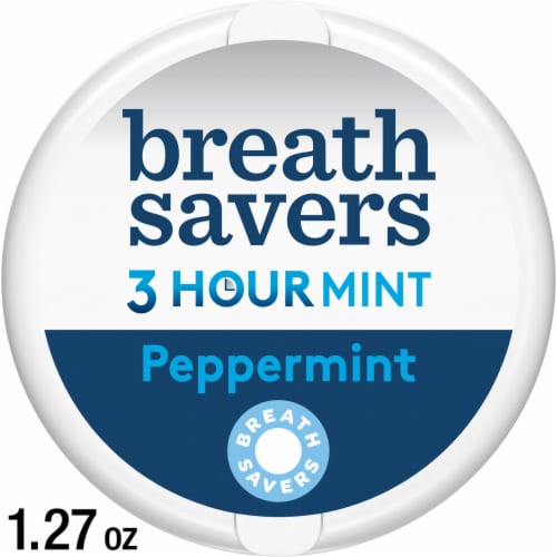 BREATH SAVERS Peppermint Flavored Sugar Free Breath Mints Tin Perspective: front