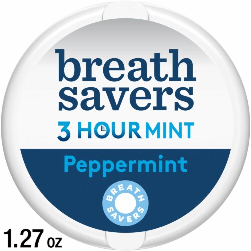 BREATH SAVERS Peppermint Flavored Sugar Free Breath Mints Tin Perspective: front