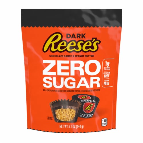 REESE'S Zero Sugar Dark Miniatures Chocolate Peanut Butter Cups Candy Bag Perspective: front