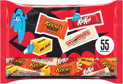 Hershey's Reeses Kit Kat Milk Duds and Whoppers Assorted Chocolate Halloween Candy Snack Size Bag Perspective: front