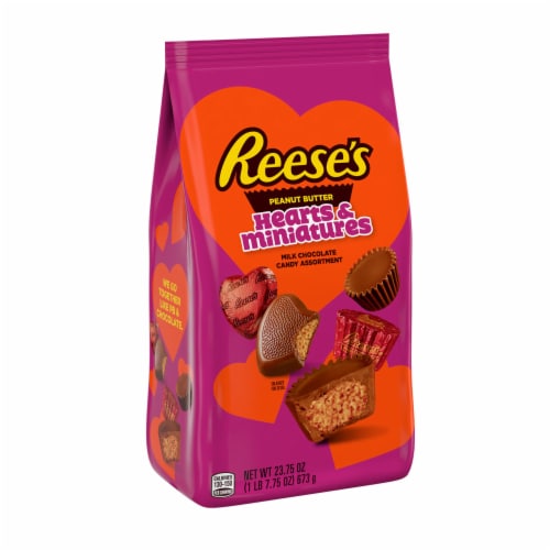 REESE'S Miniatures and Hearts Milk Chocolate Peanut Butter Candy Valentine's Day Variety Bag Perspective: front