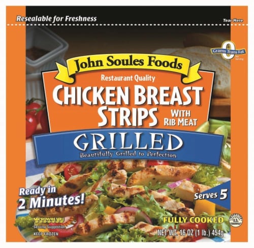 John Soules Foods Grilled Chicken Breast Strips With Rib Meat Perspective: front