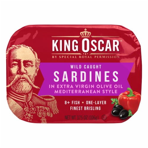 King Oscar Wild Caught Sardines in Extra Virgin Olive Oil, Mediterranean Style Perspective: front