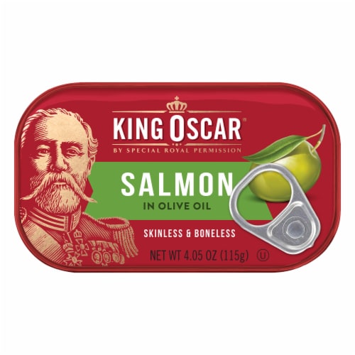 King Oscar Skinless & Boneless Premium Salmon in Olive Oil Perspective: front