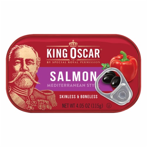King Oscar Skinless & Boneless Premium Salmon in Olive Oil, Mediterranean Style Perspective: front