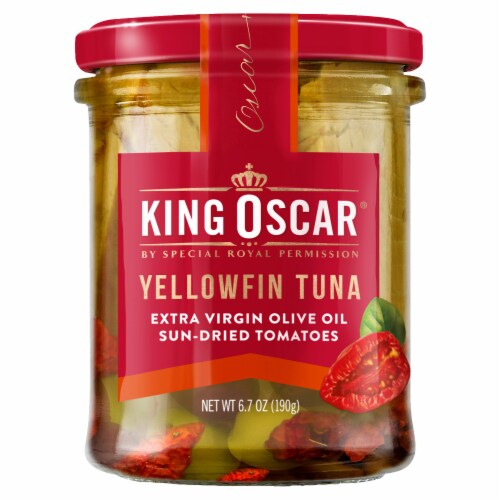 King Oscar Yellowfin Tuna in Extra Virgin Olive Oil and Sun Dried Tomatoes Perspective: front